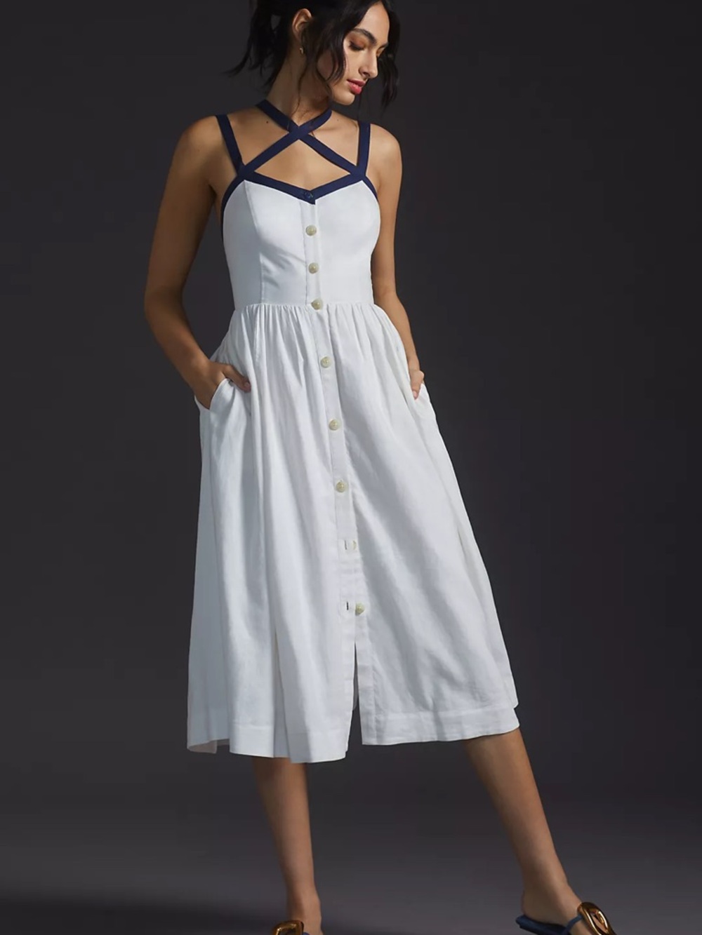 Maeve Strappy Button-Front White Midi Button-Front Dress with Navy Straps Sz 8 - Picture 1 of 16